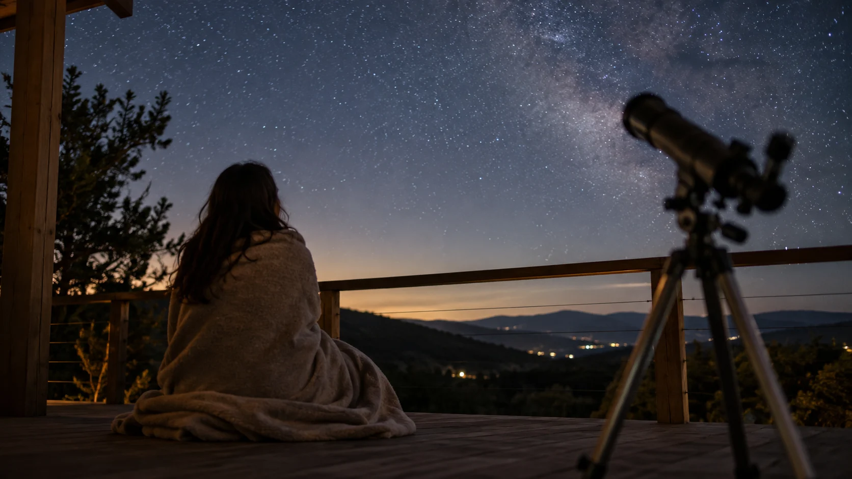 A stargazer looks through a telescope from a quiet wooden deck.