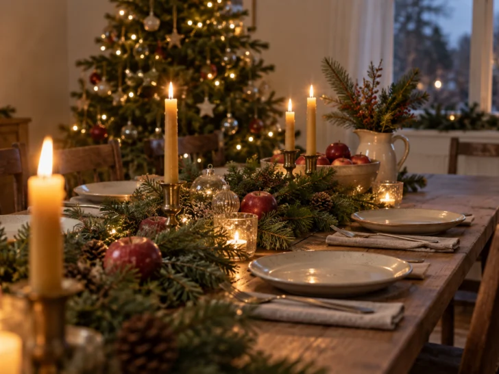 A candlelit holiday table is arranged with evergreen branches, apples and glass ornaments.