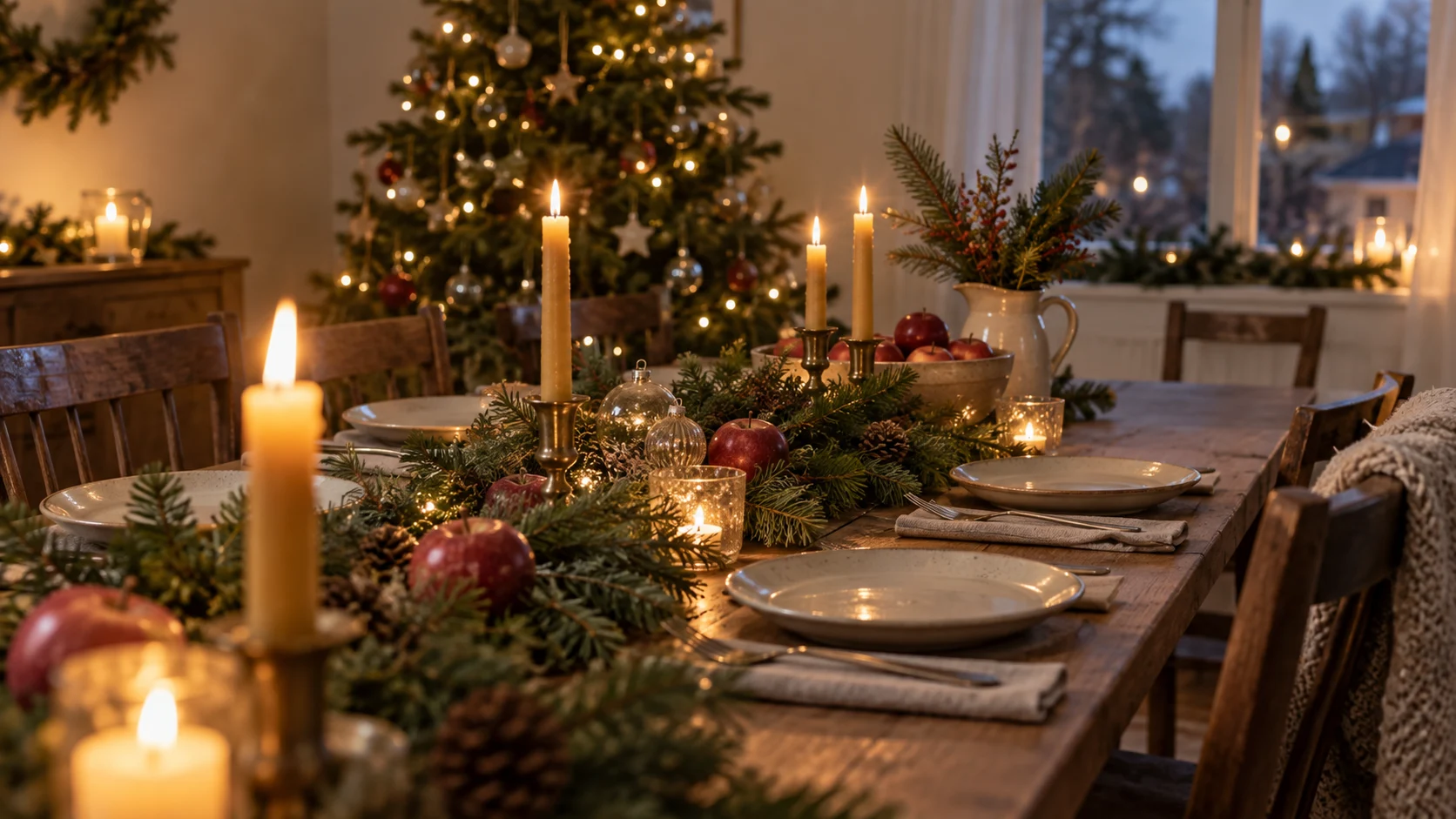 A candlelit holiday table is arranged with evergreen branches, apples and glass ornaments.