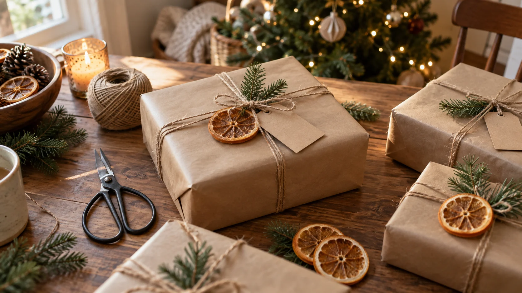 Kraft paper gifts with twine, pine and dried oranges cover a wooden table.