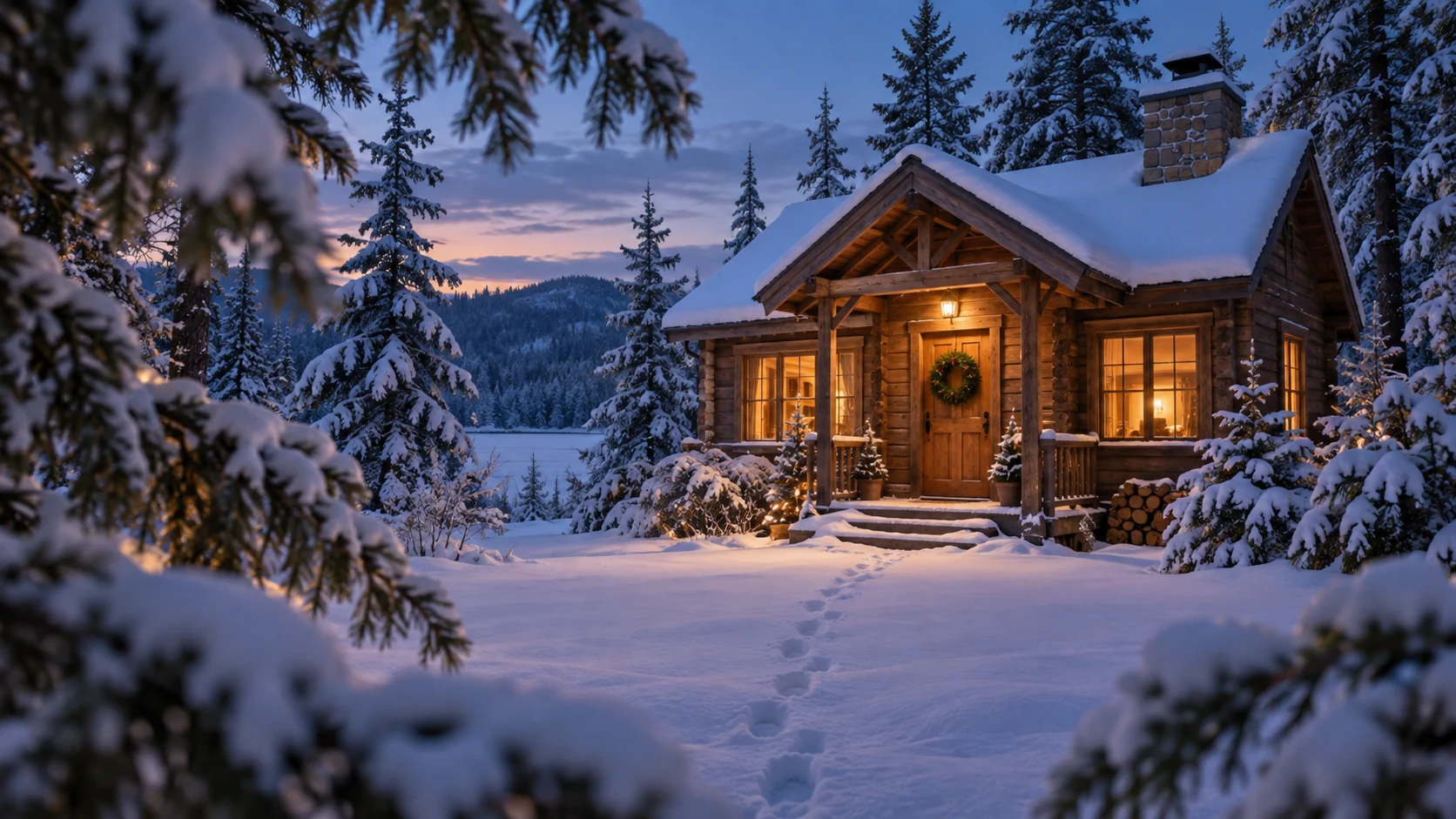 A wreath-trimmed cabin glows warmly in snowy woods at twilight.