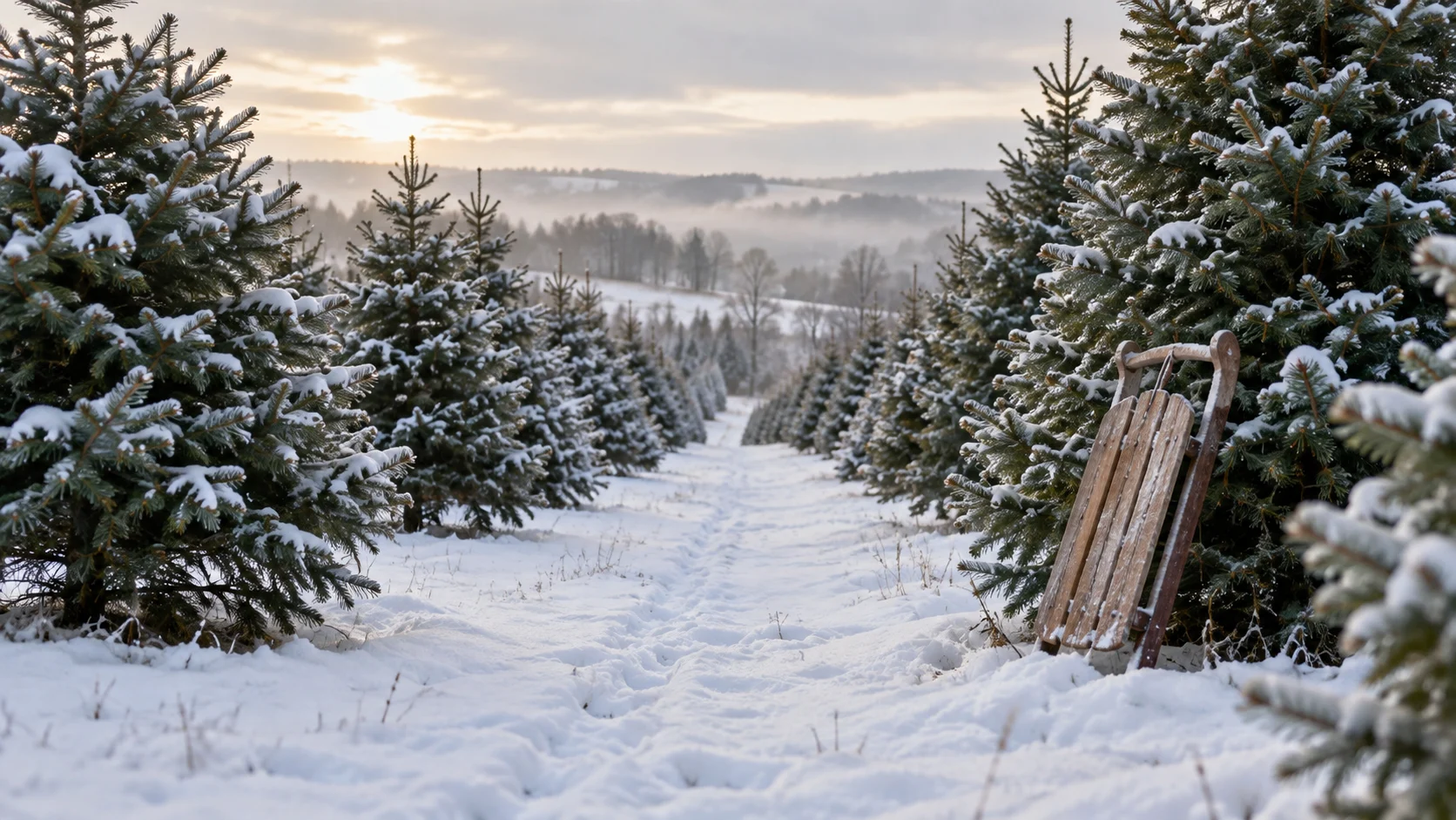 Snow-dusted evergreen rows stretch across a quiet tree farm at dawn.