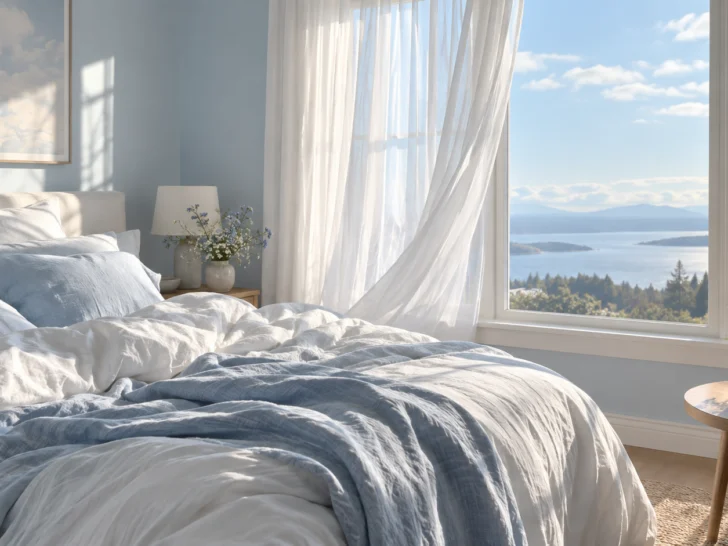 An airy pale blue and white bedroom overlooking water in bright morning light.