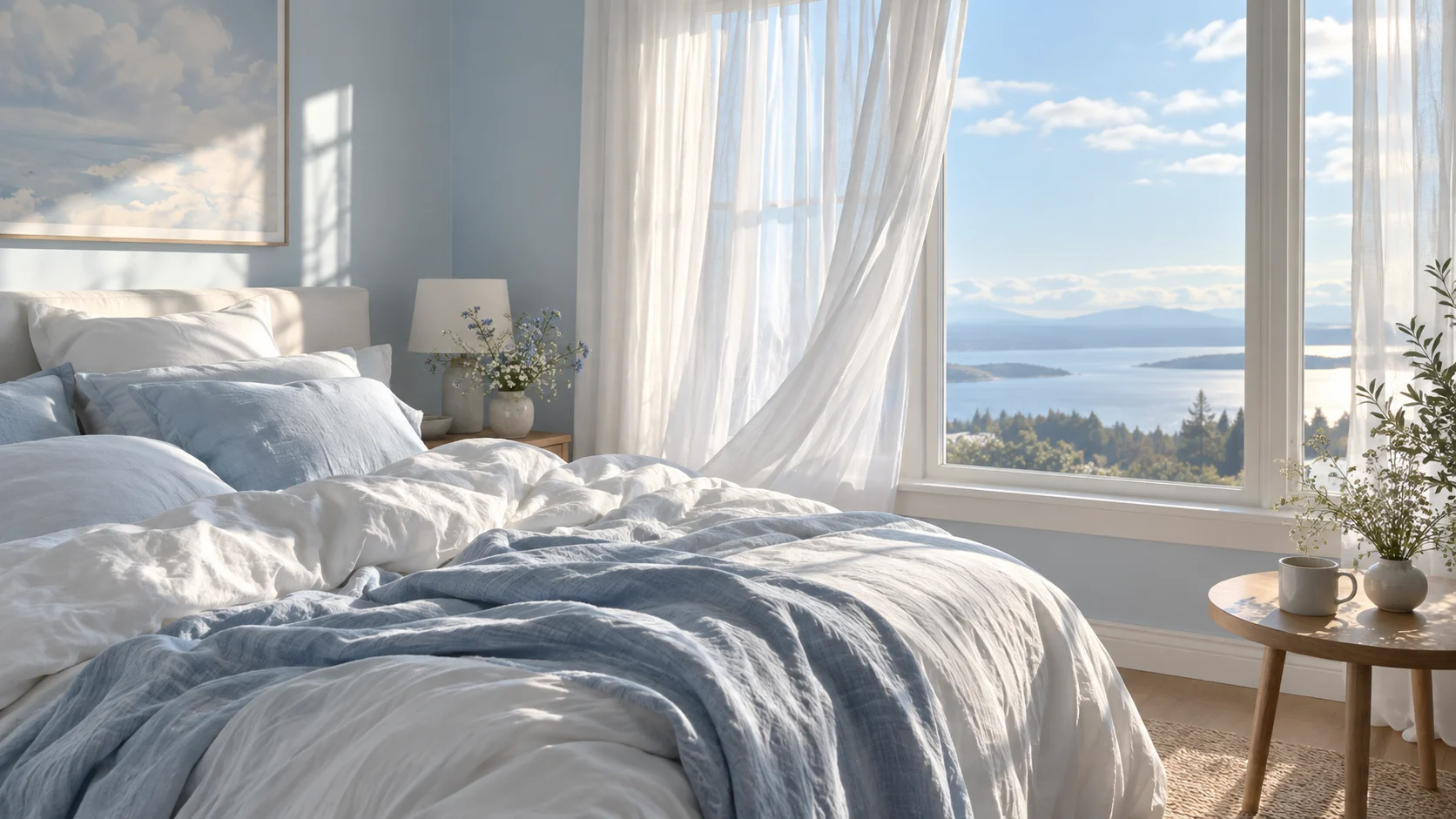 An airy pale blue and white bedroom overlooking water in bright morning light.