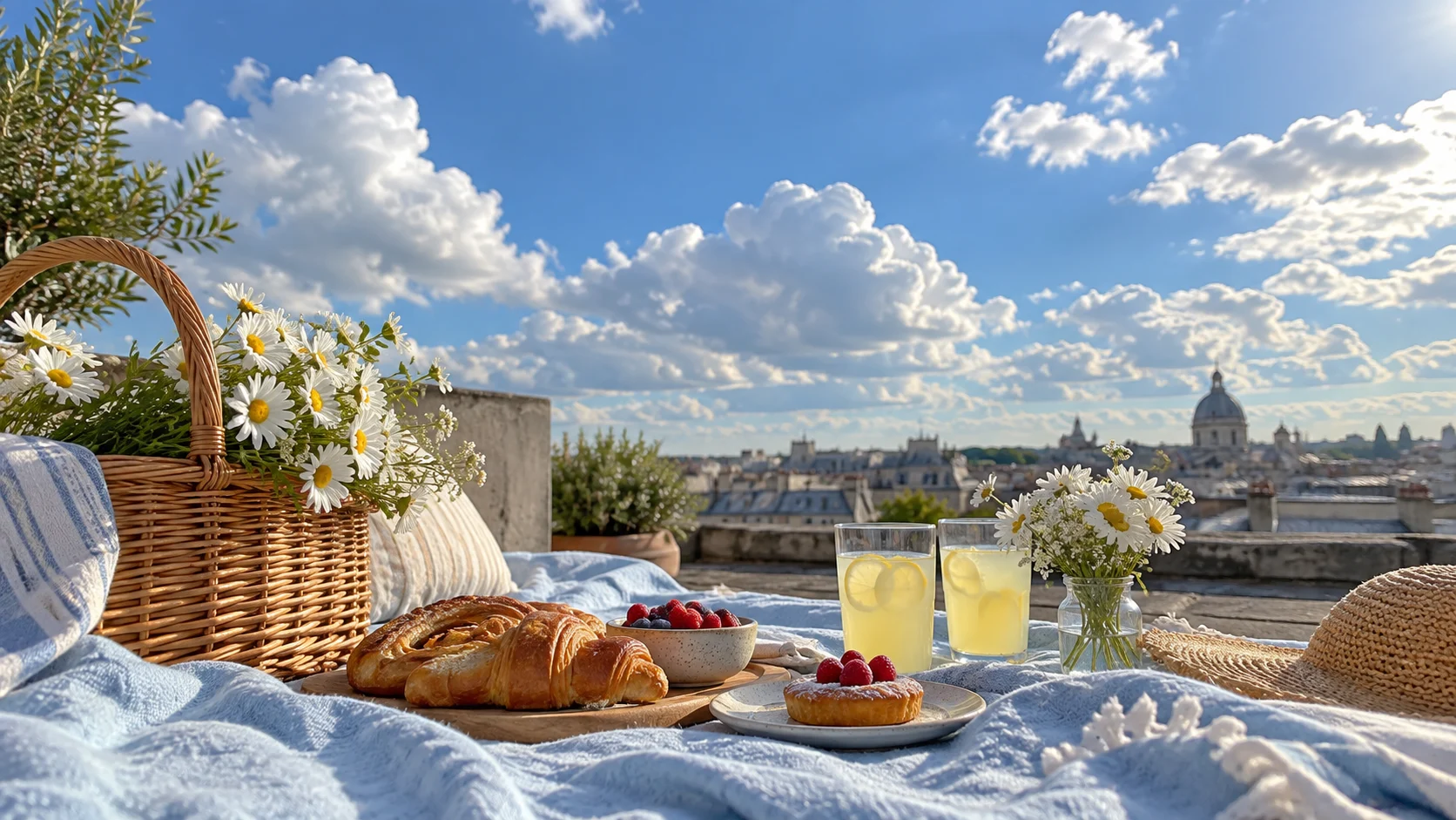 A pale blue rooftop picnic beneath dramatic white clouds.