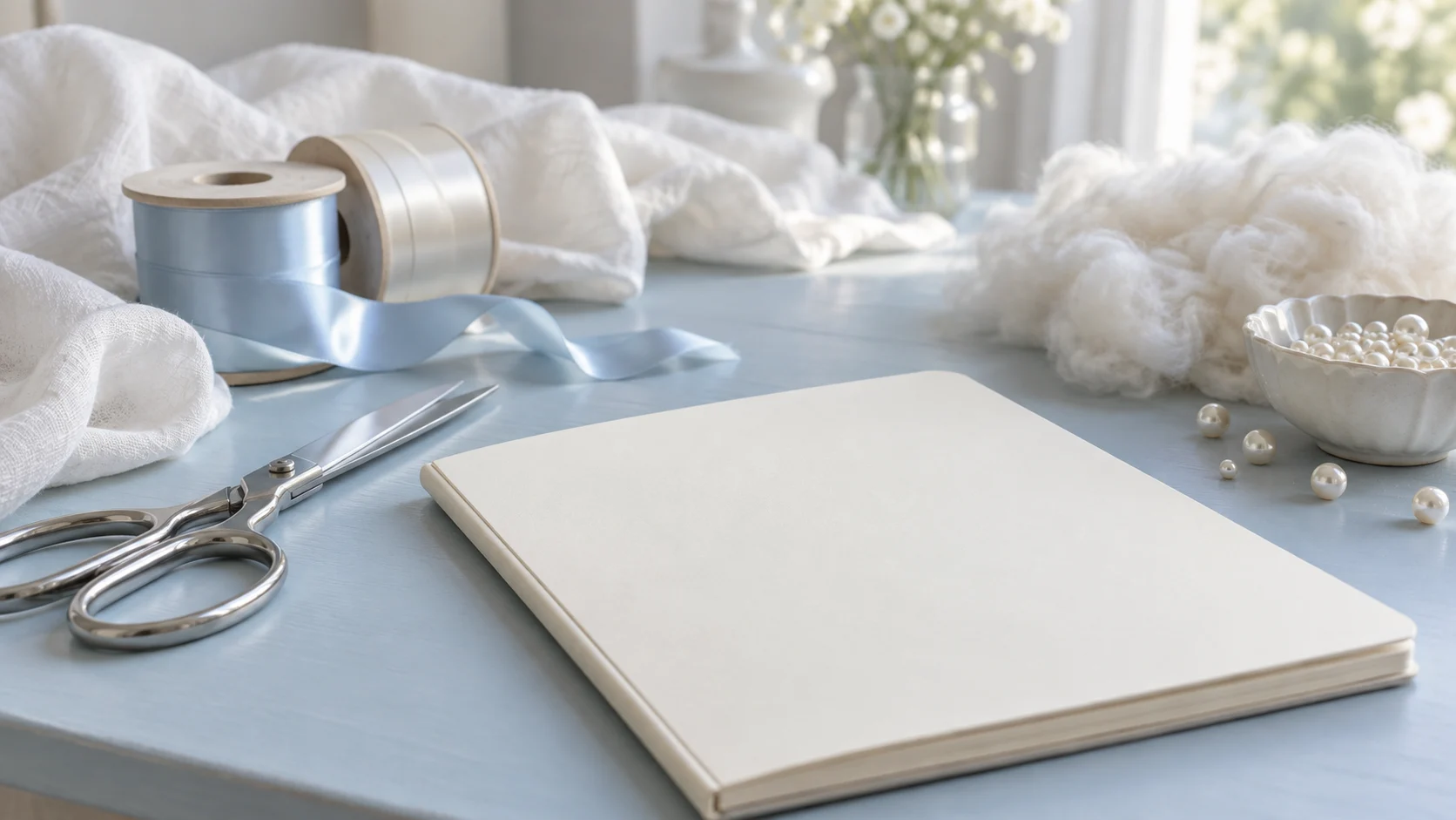 Blue ribbons, white linen, wool batting, pearls, and a blank notebook on a craft table.