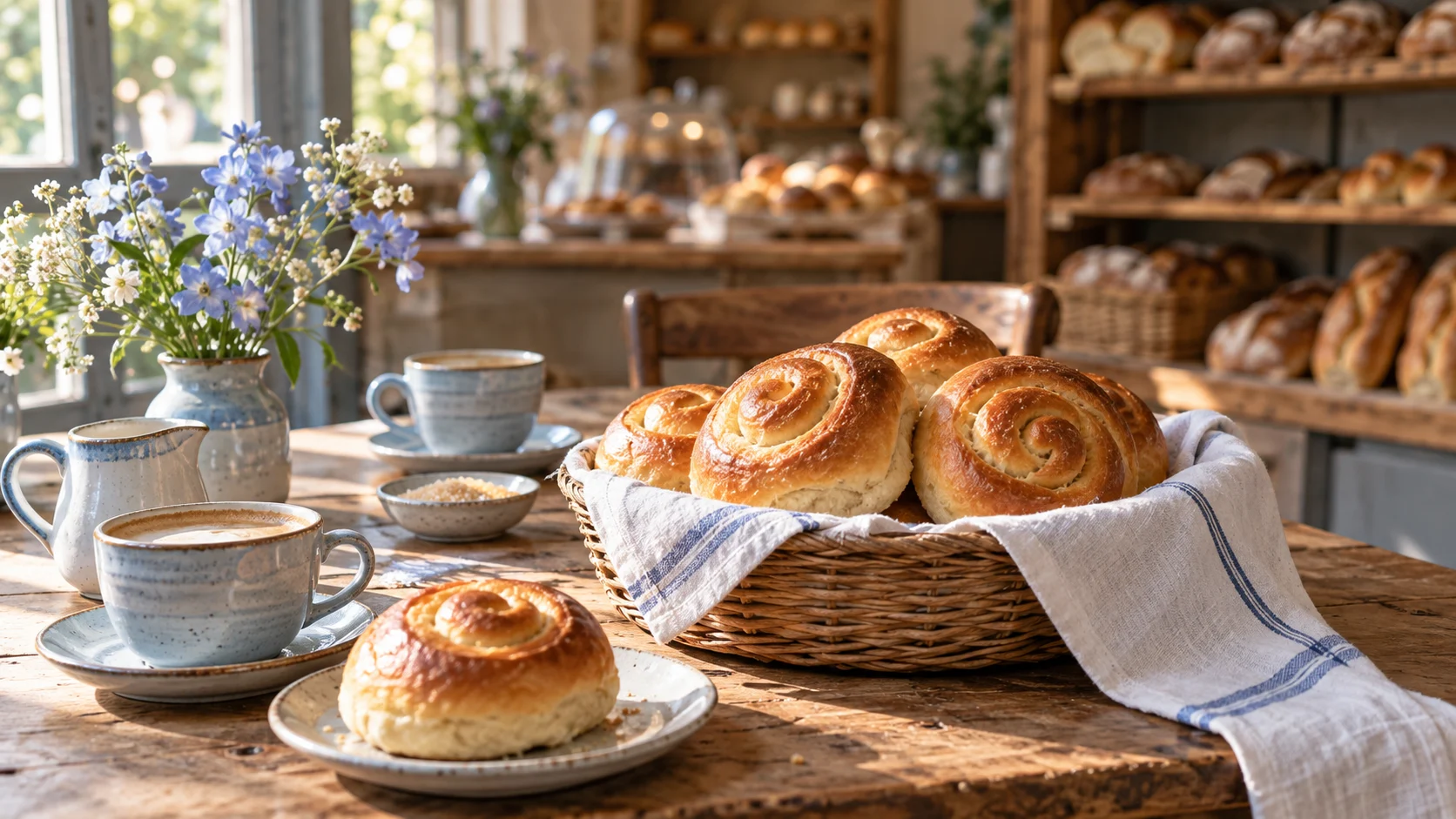 Spiral bread rolls and pale blue cups on a sunlit bakery table.