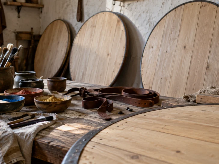 Plain wooden shields and pigment bowls wait in a sunlit craft workshop.