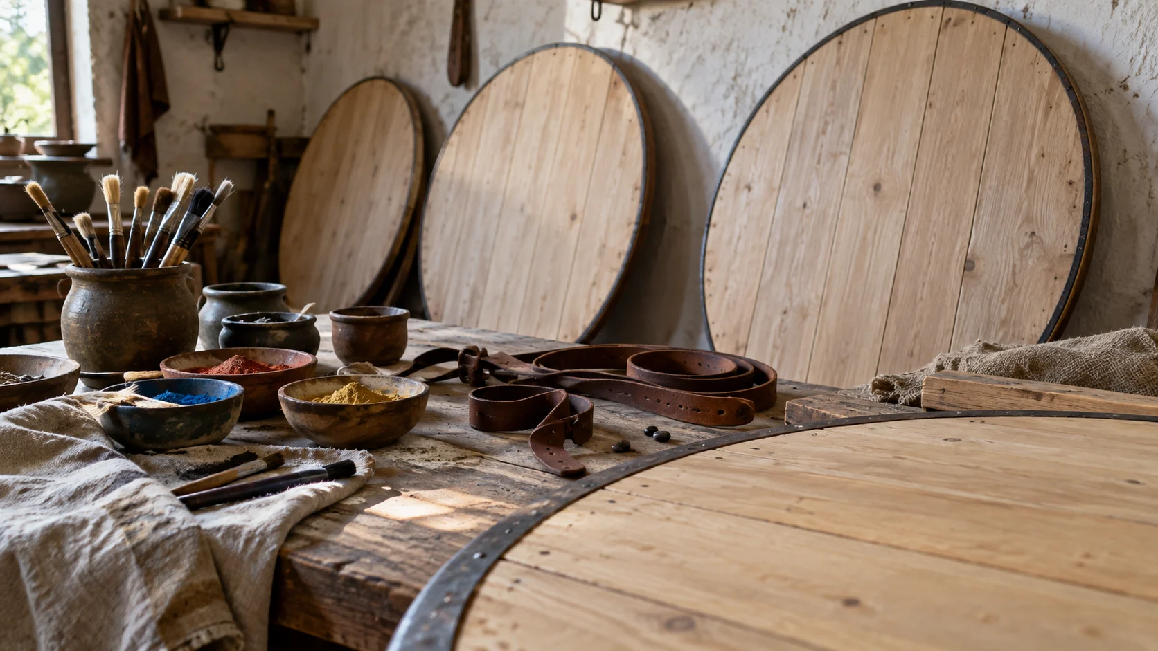 Plain wooden shields and pigment bowls wait in a sunlit craft workshop.