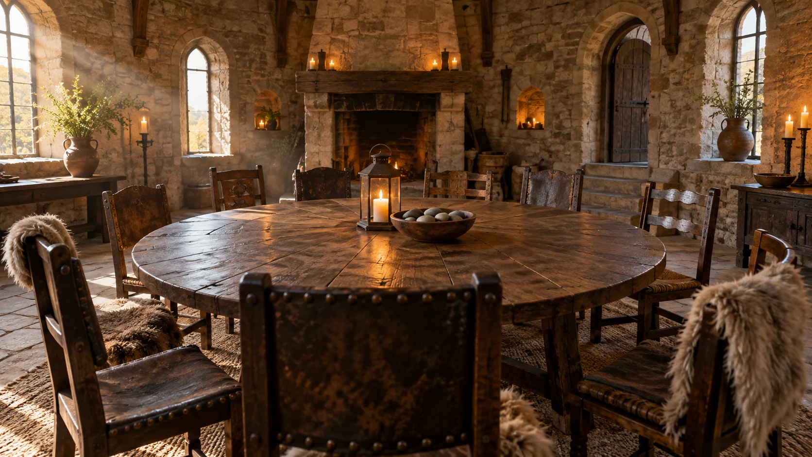 An empty round table and mismatched chairs fill a warm stone meeting hall.