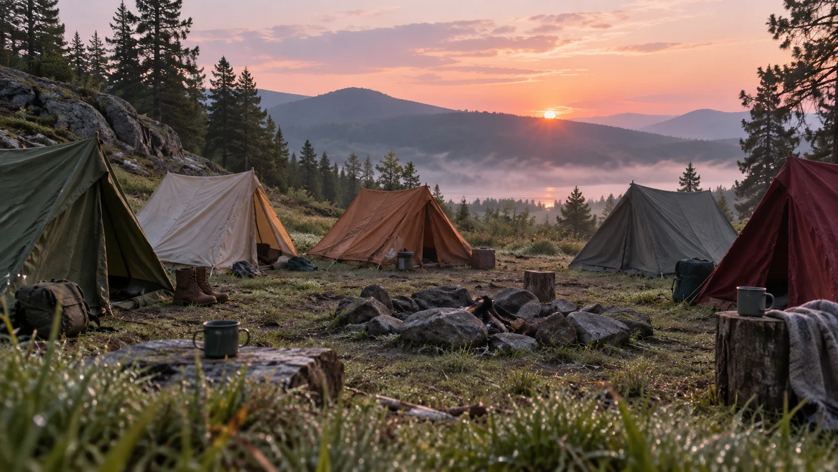 Five canvas tents surround a cold fire ring at a misty mountain campsite.
