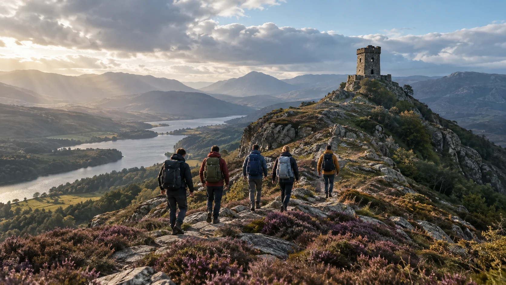 Five hikers follow a rugged ridge toward an ancient stone watchtower.