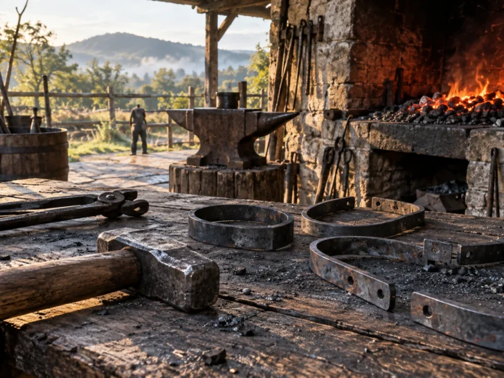 Hammers, tongs, iron fittings, and glowing coals fill an old forge.