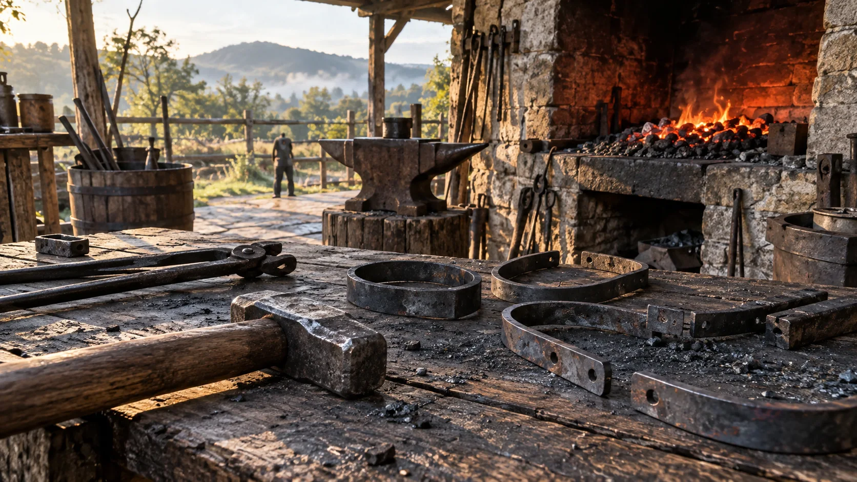 Hammers, tongs, iron fittings, and glowing coals fill an old forge.