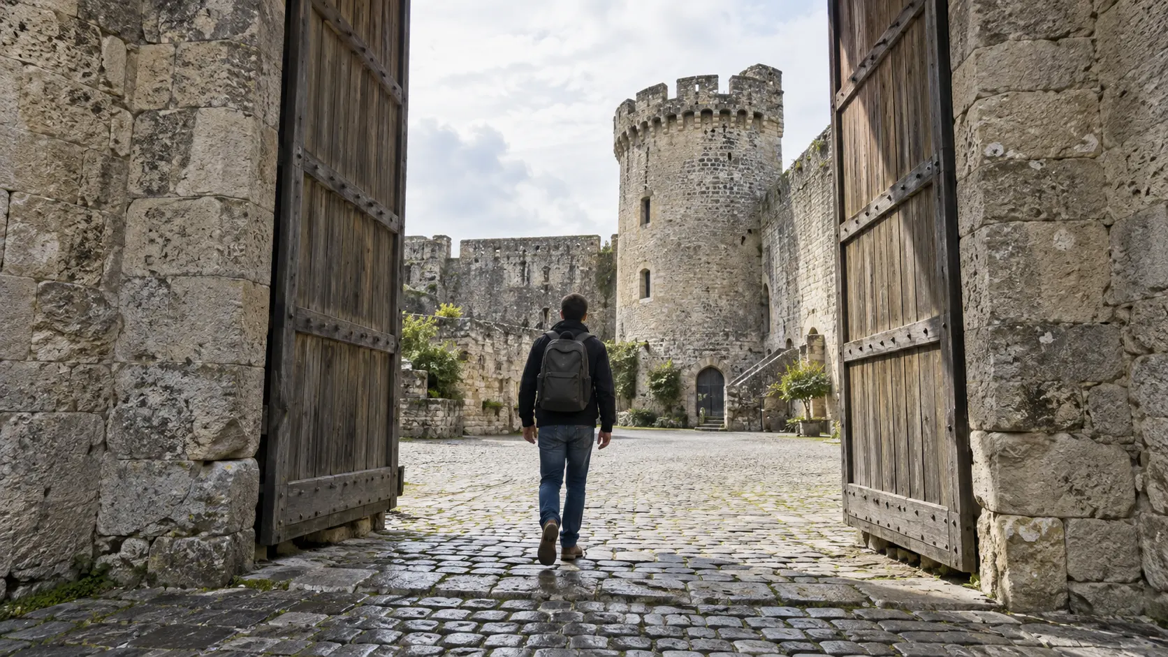 An anonymous traveler walks through a wooden gate into a stone castle courtyard.