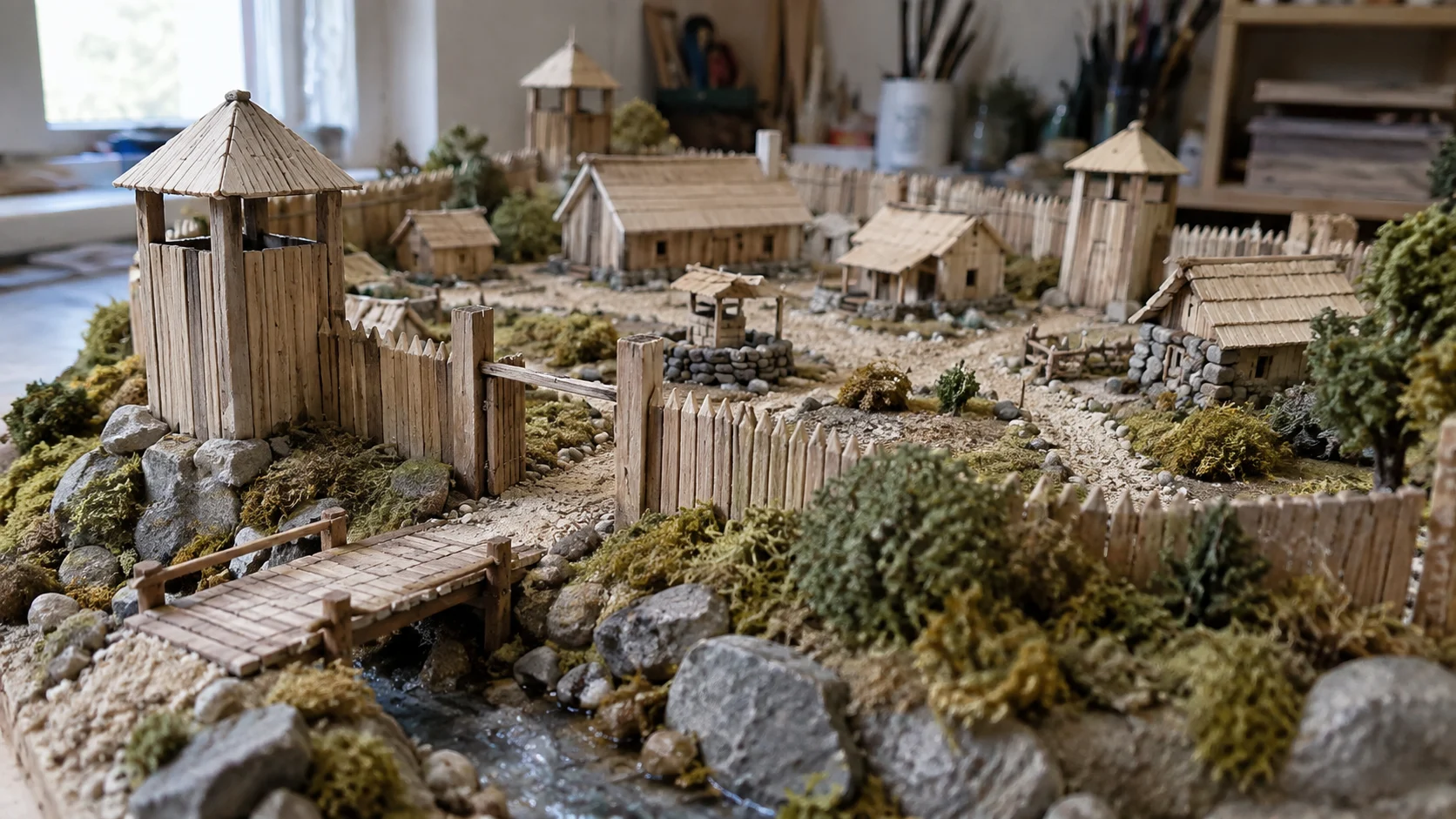 An original handmade wooden village model includes towers, huts, paths, and a bridge.