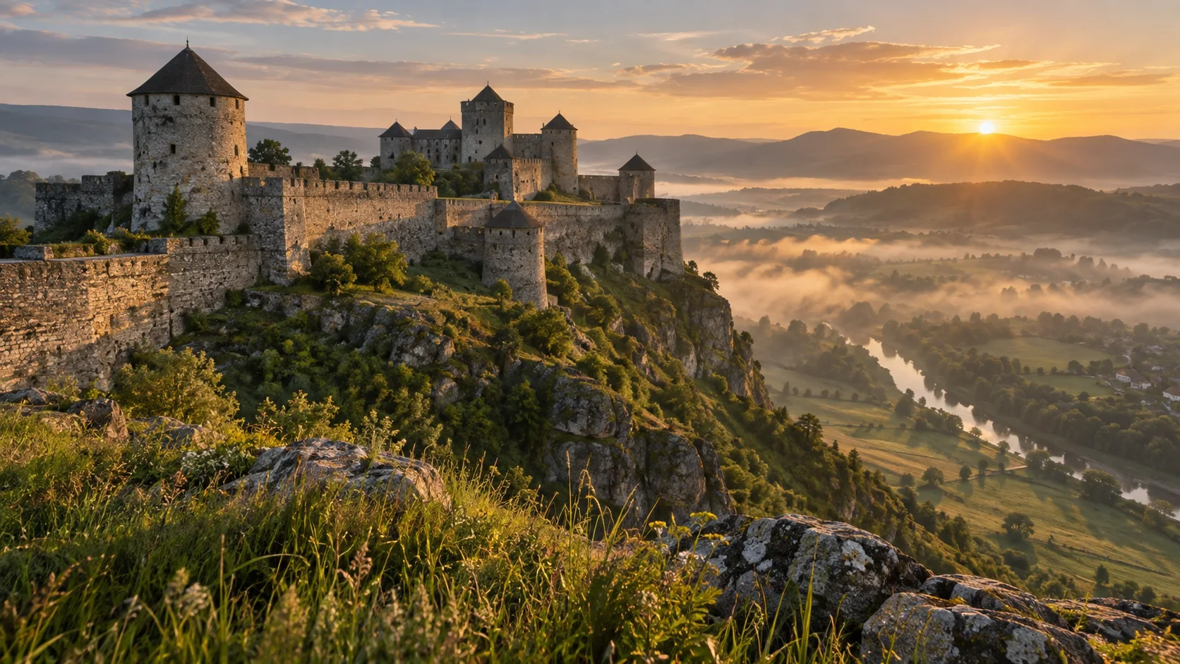 An ancient stone fortress rises above a misty valley at sunrise.