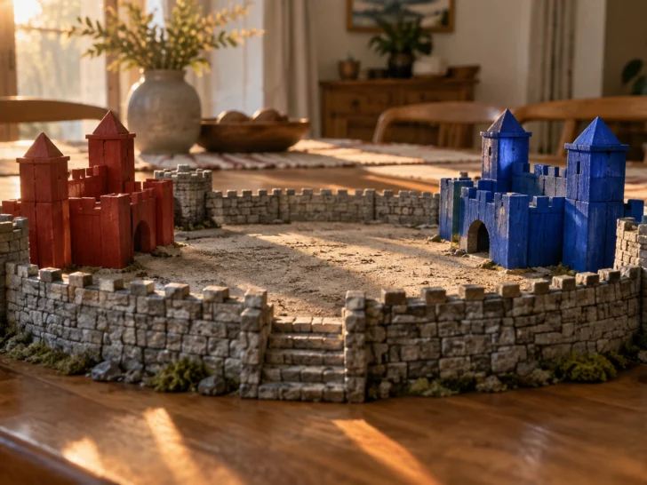 Abstract red and blue castle pieces face across a miniature tabletop arena in warm window light.