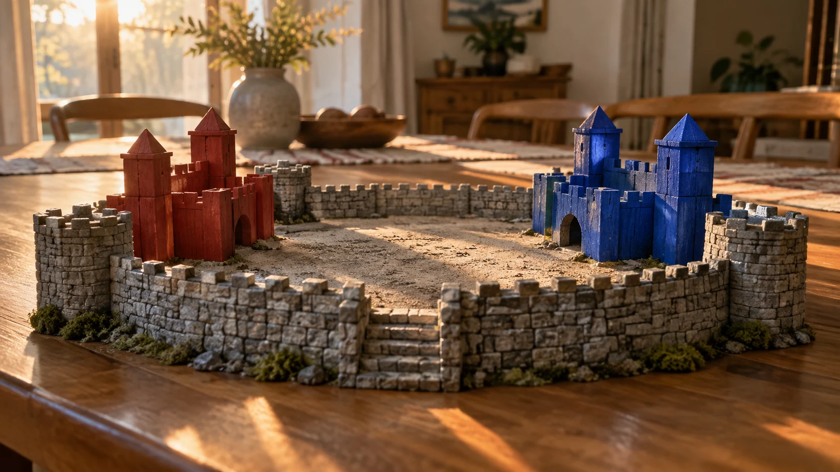 Abstract red and blue castle pieces face across a miniature tabletop arena in warm window light.
