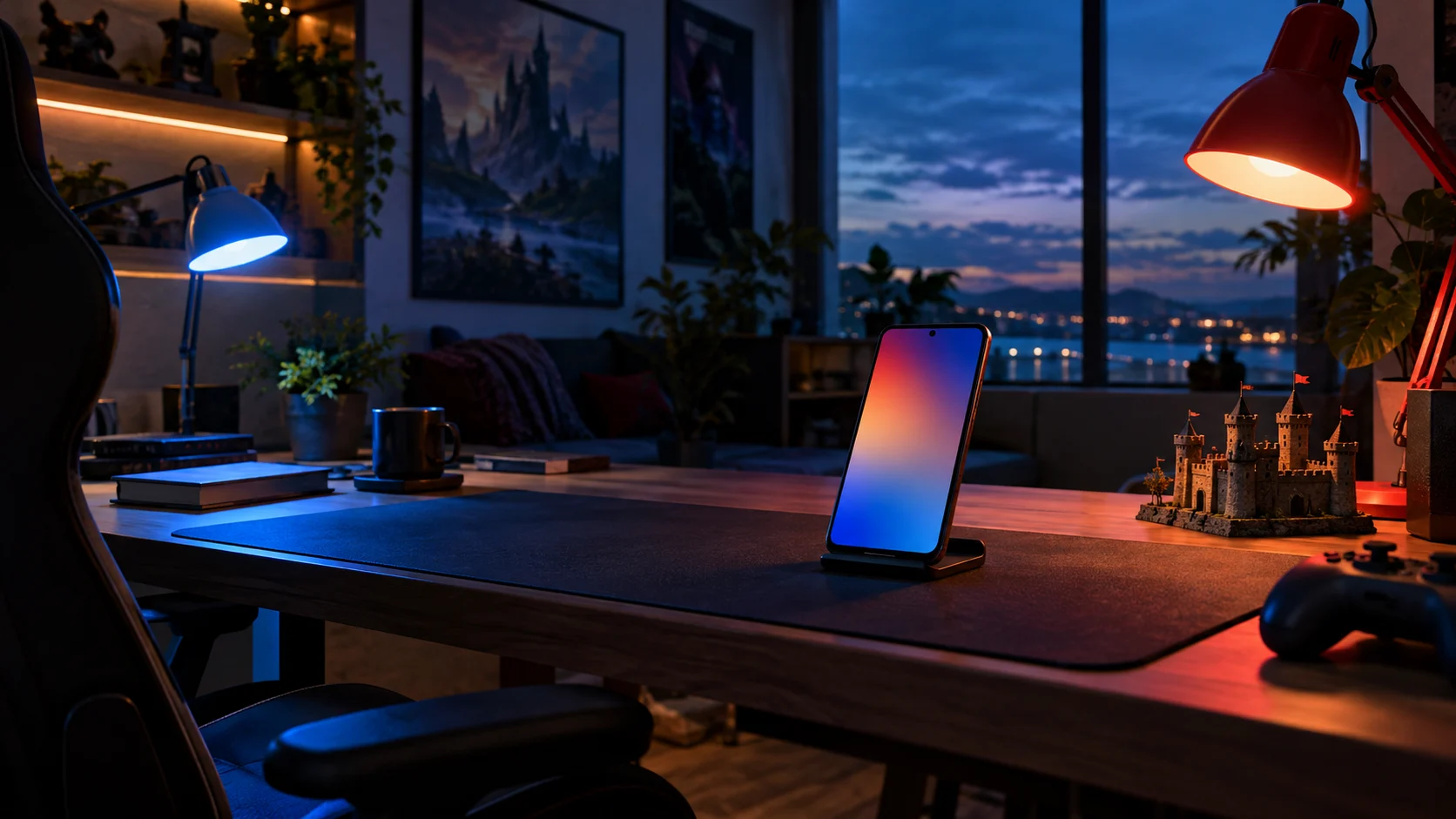 An empty gaming nook glows with blue-hour light, colored lamps, and unbranded castle-shaped d&eacute;cor.