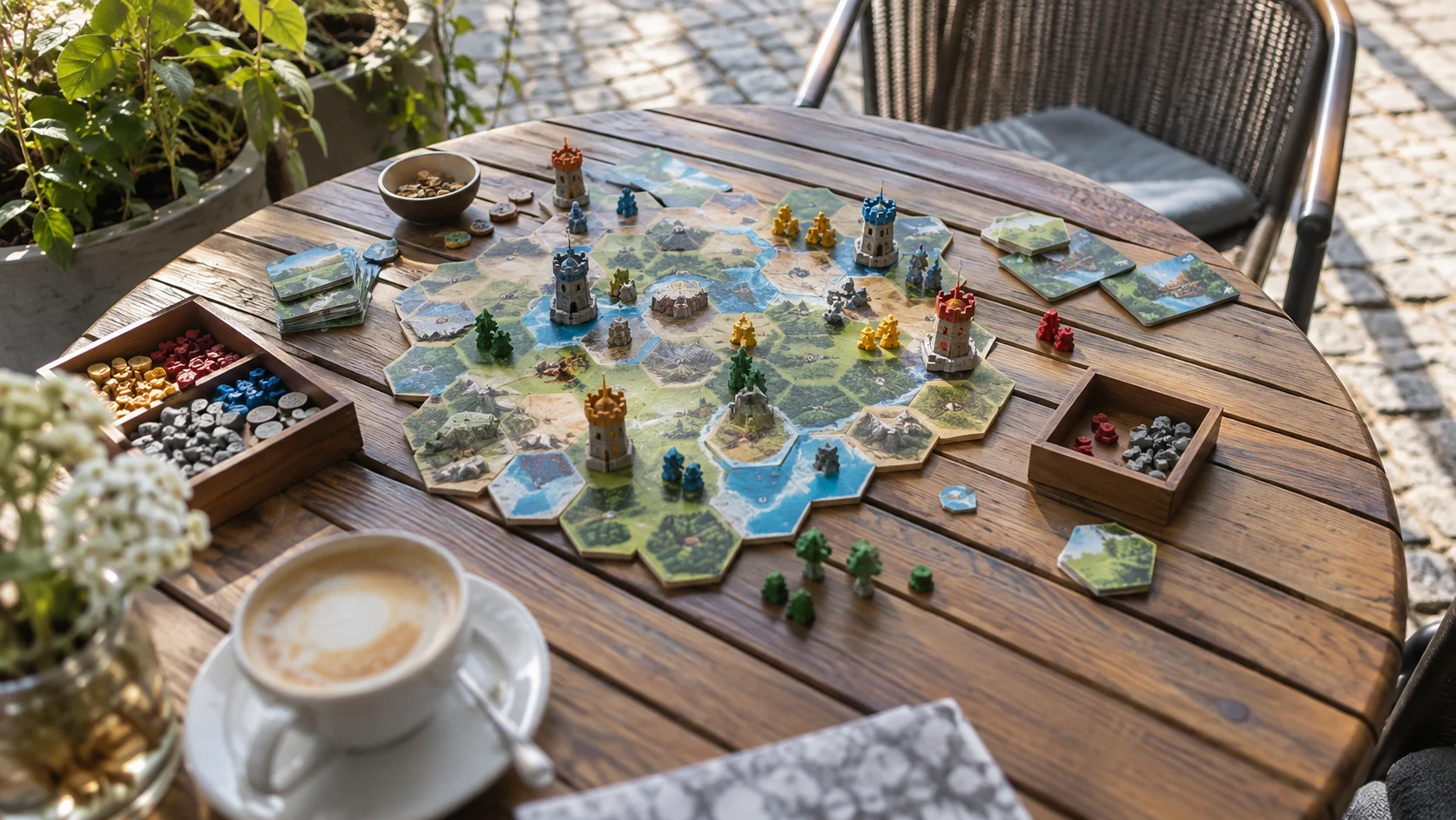 A casual outdoor caf&eacute; table holds an abstract tabletop battle game beside a softly blurred coffee cup.