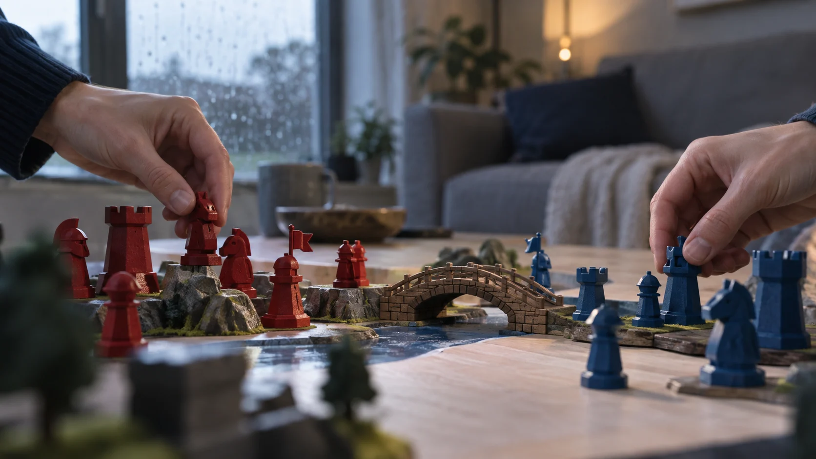 Hands arrange plain red and blue fantasy pieces around a miniature bridge on a neutral table.