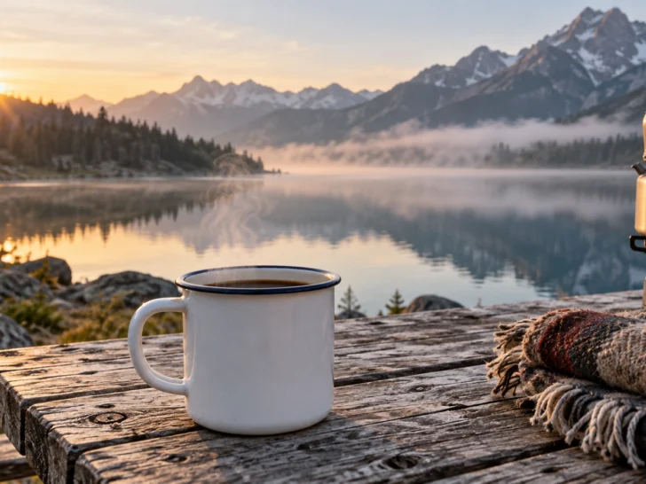 A steaming enamel coffee mug overlooks a misty mountain lake at sunrise.