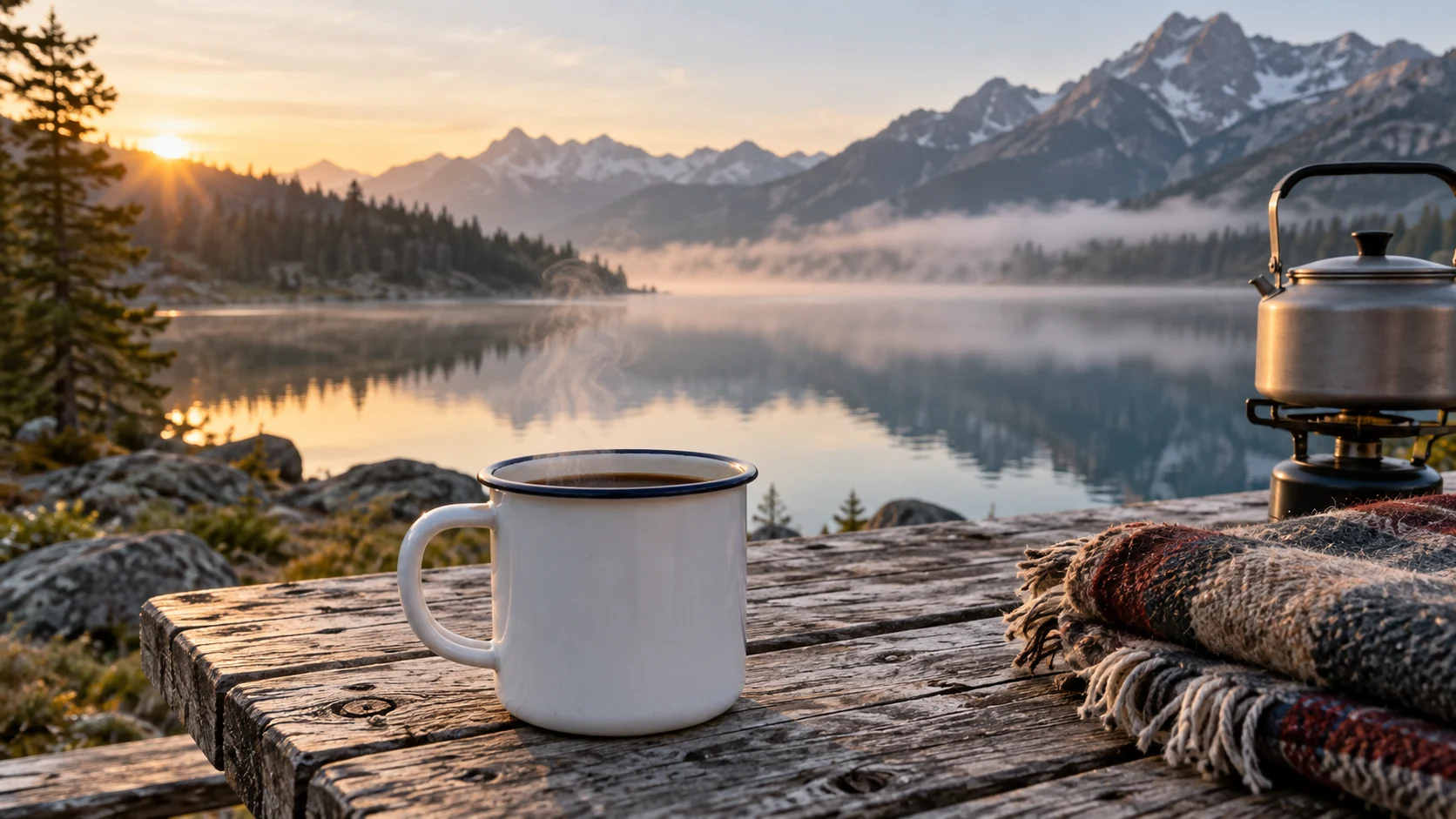 A steaming enamel coffee mug overlooks a misty mountain lake at sunrise.