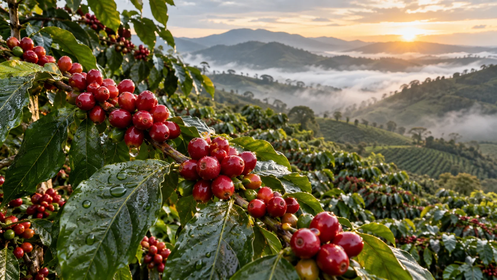 Ripe red coffee cherries grow above misty mountain terraces at sunrise.