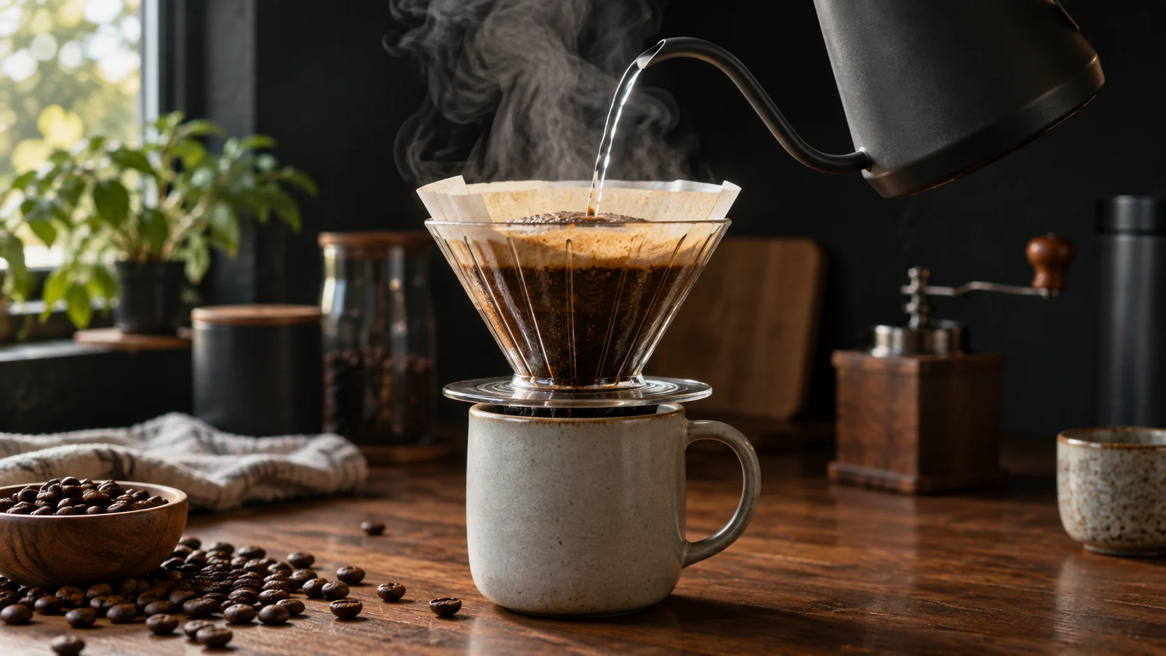 Hot water streams into a glass pour-over brewer above a ceramic mug.