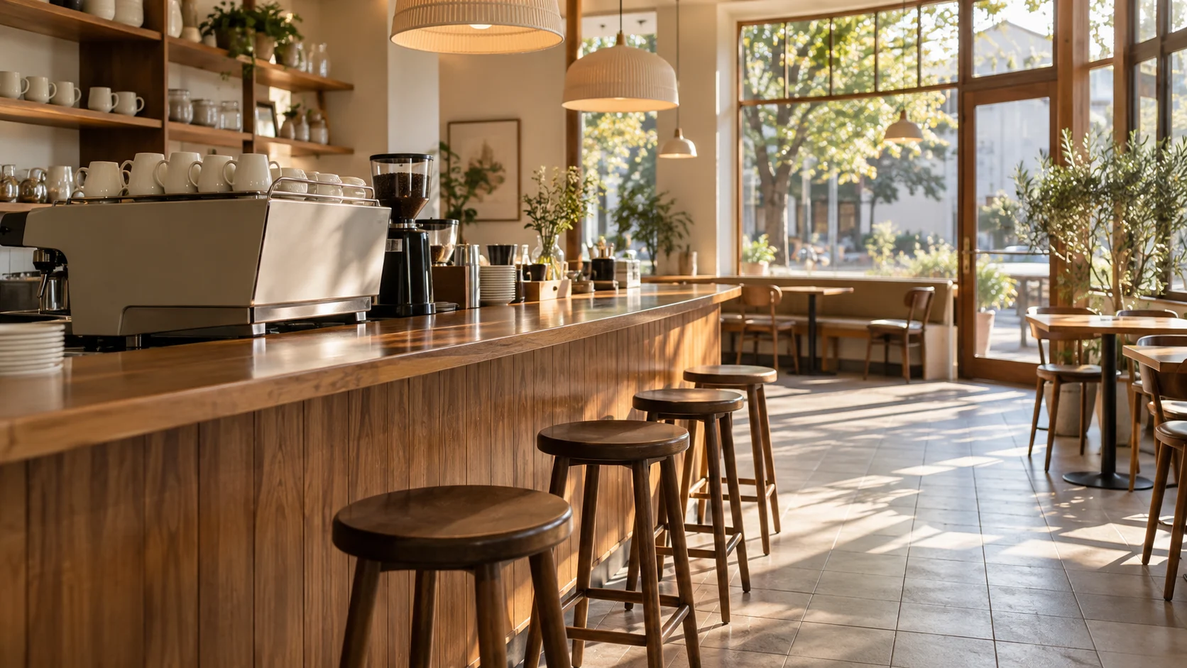 Morning sunlight stretches across an empty wood-and-tile cafe.
