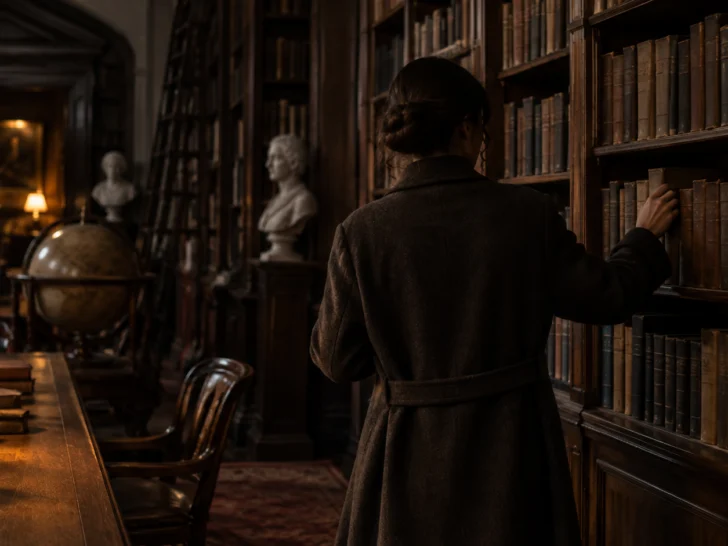 A reader seen from behind browses blank-spined books in a shadowy archive.
