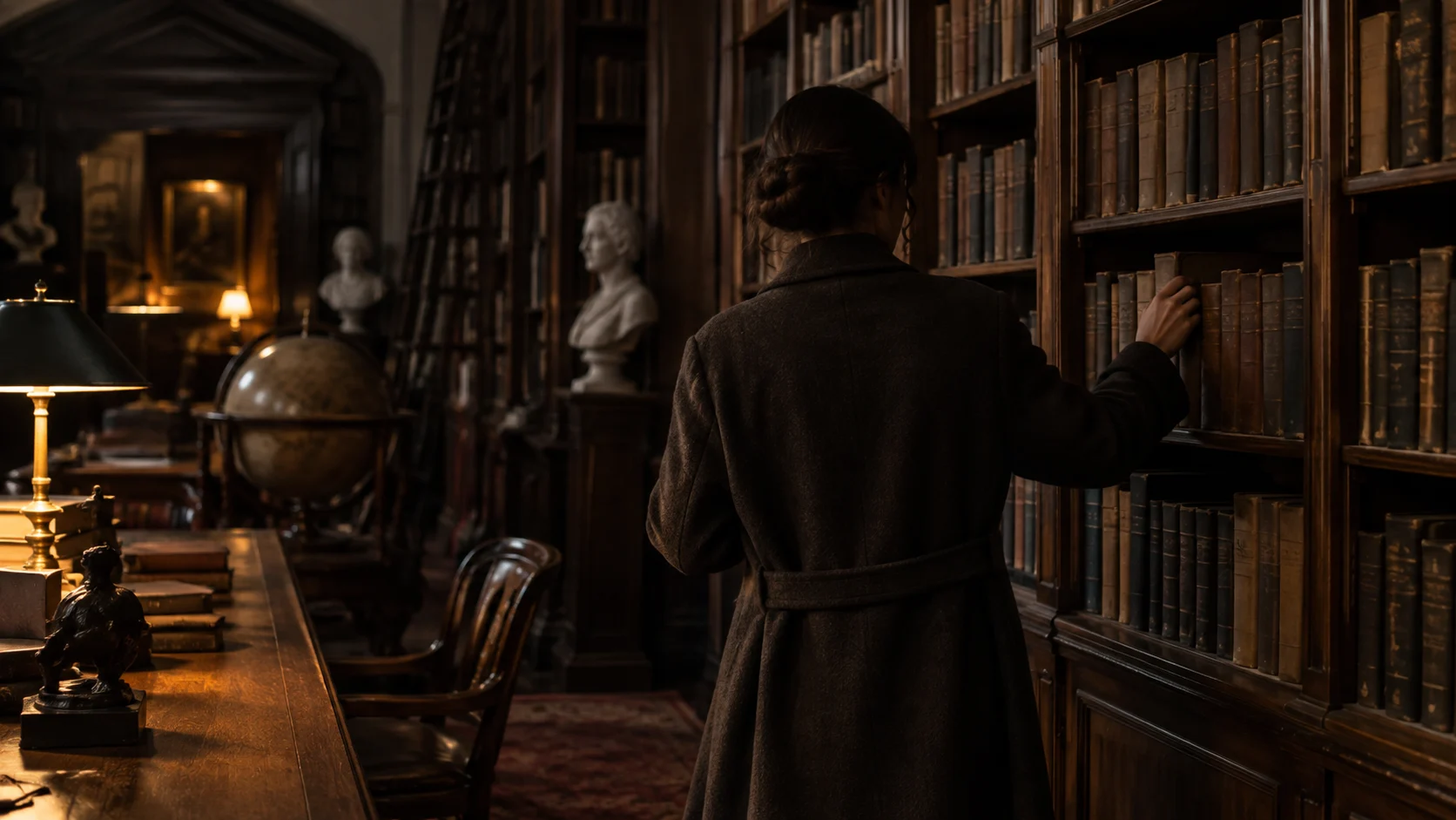 A reader seen from behind browses blank-spined books in a shadowy archive.