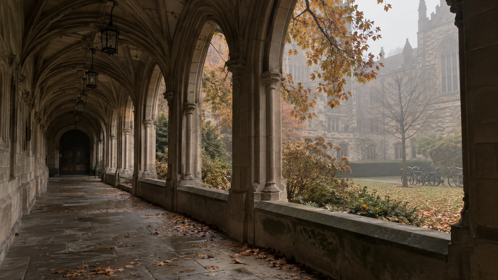 An empty stone university cloister opens onto an autumn courtyard in fog.