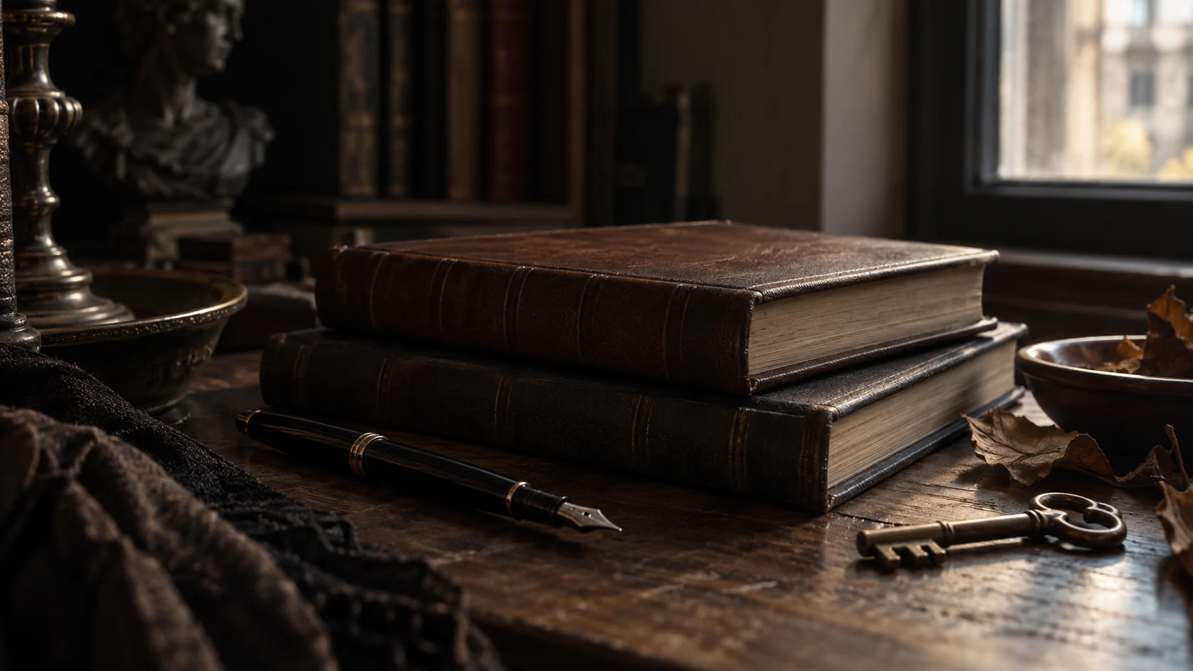 Unmarked leather books, a fountain pen, and a brass key rest on dark wood.