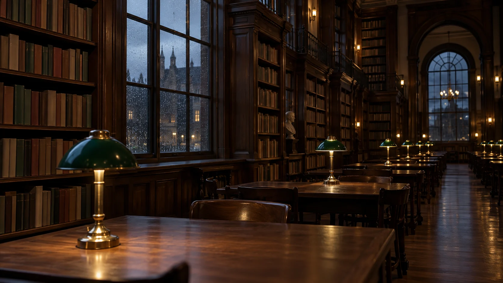 An old library reading room glows beside rain-streaked windows at dusk.
