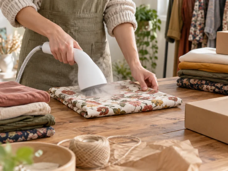 Anonymous seller steaming folded floral fabric beside plain shipping boxes