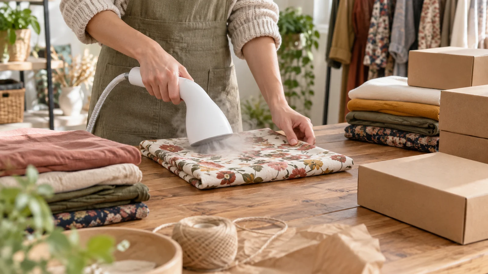 Anonymous seller steaming folded floral fabric beside plain shipping boxes