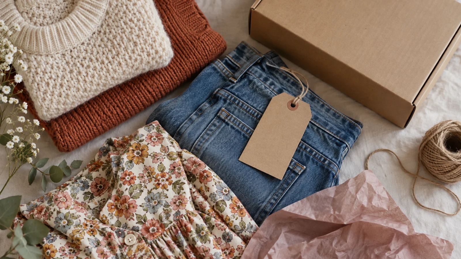 Folded knitwear denim floral fabric blank tag and plain shipping box
