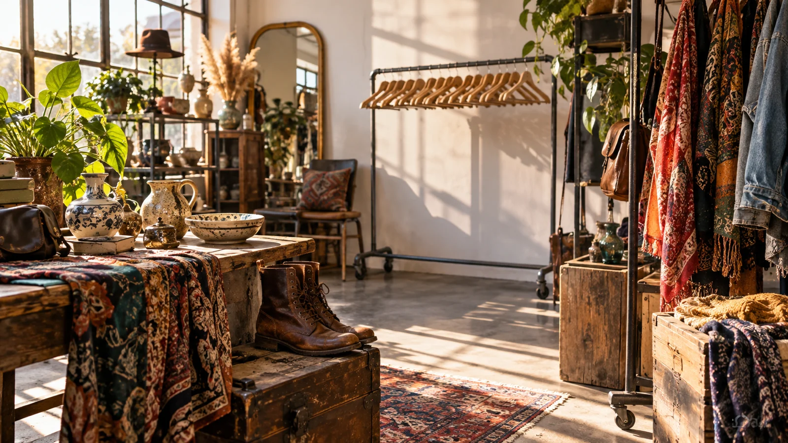 Eclectic sunlit thrift-market corner with boots scarves ceramics and clothing racks