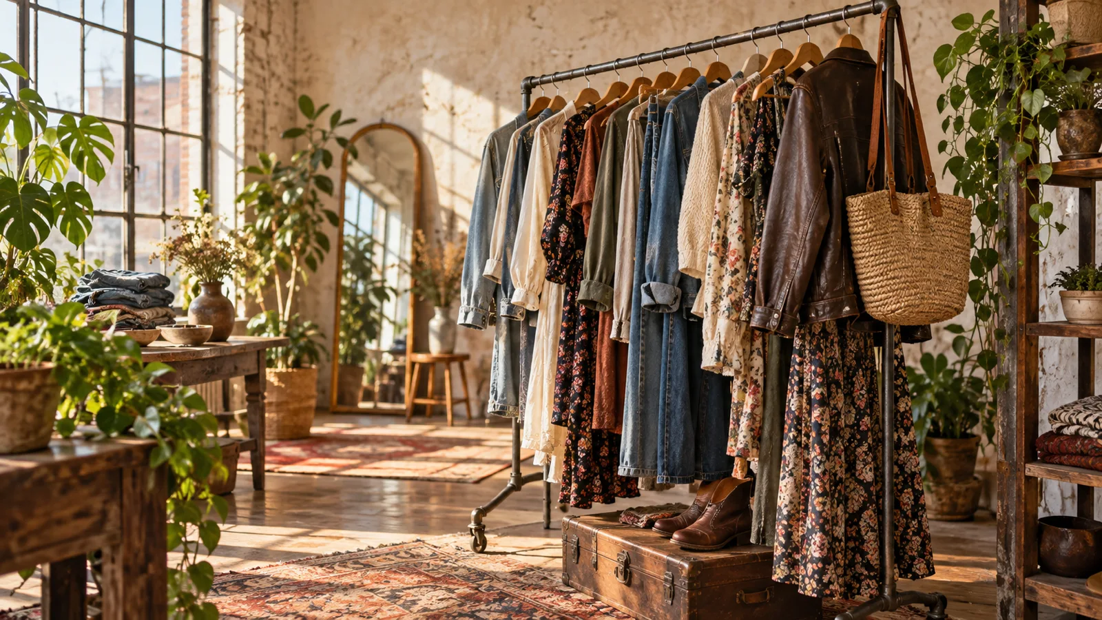 Label-free vintage clothing rack in a sunlit plant-filled loft