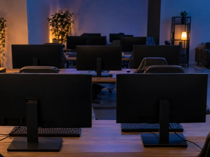 Rows of blank unbranded monitors fill an empty community gaming room.