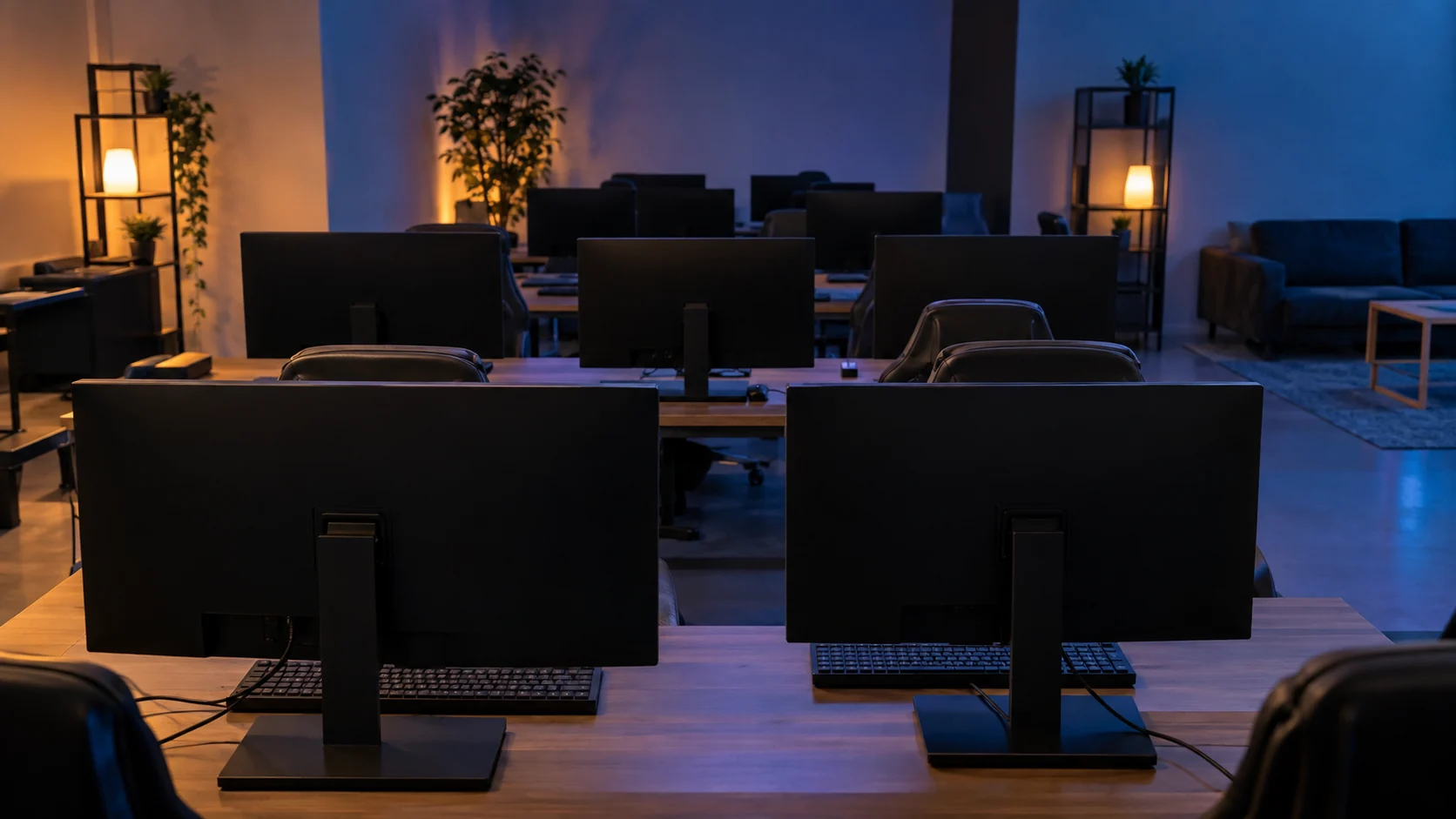Rows of blank unbranded monitors fill an empty community gaming room.