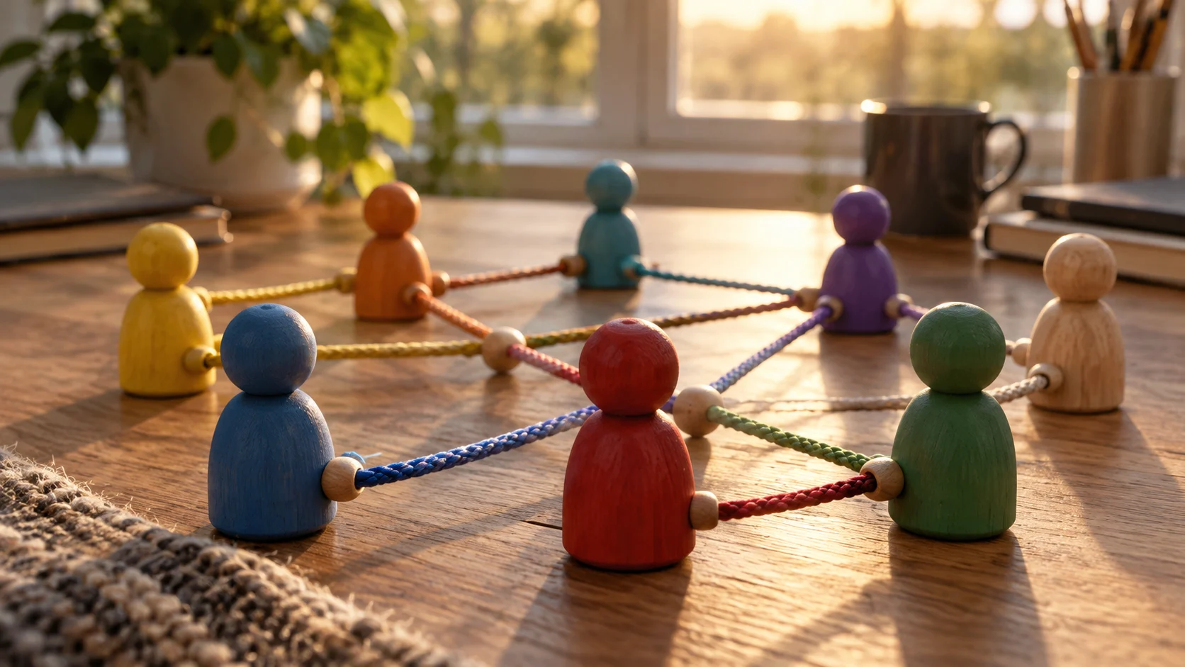 Colorful wooden figures connect with braided cords across a sunlit desk.