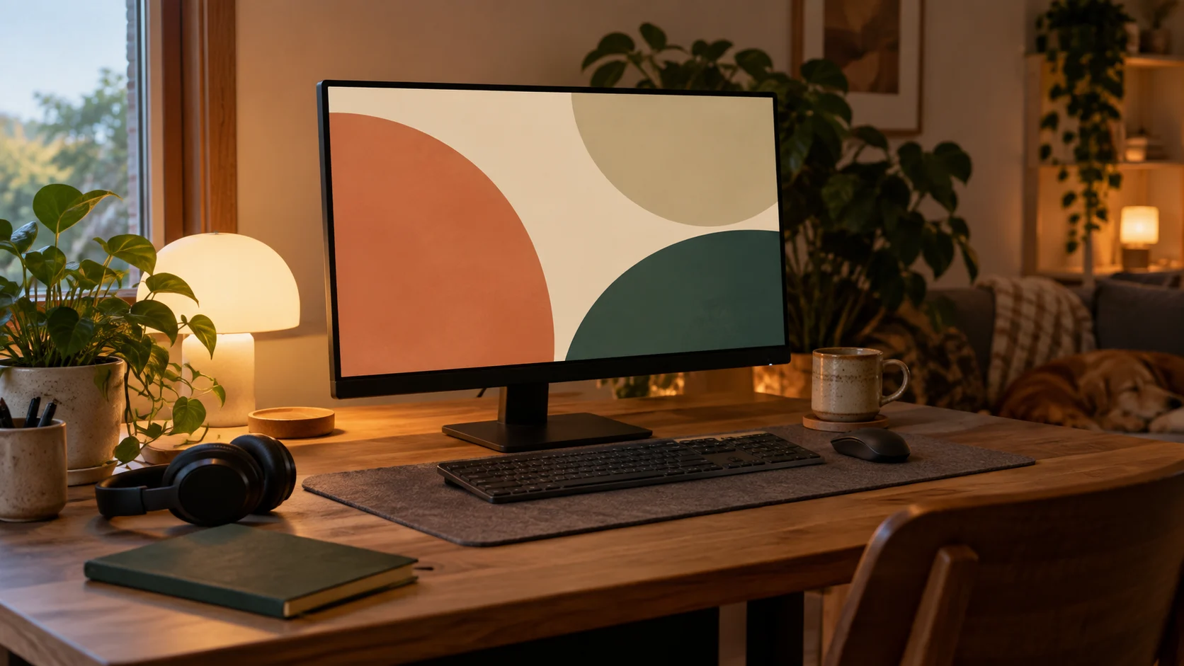 A warm desk with a blank abstract screen suggests a cozy online community.