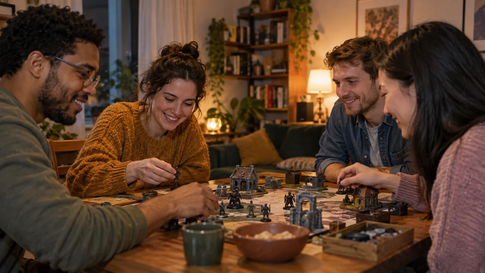 Four friends gather around a tabletop game during a cozy community night.