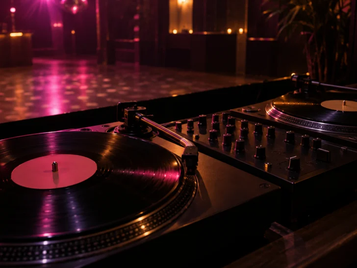 Blank records and an analog mixer glow above an empty club dance floor.