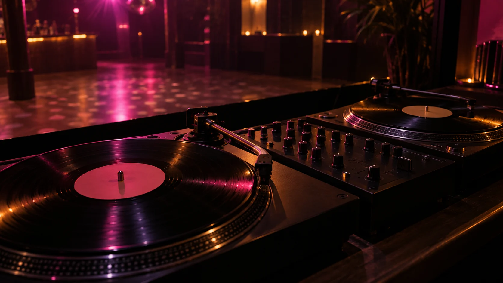 Blank records and an analog mixer glow above an empty club dance floor.