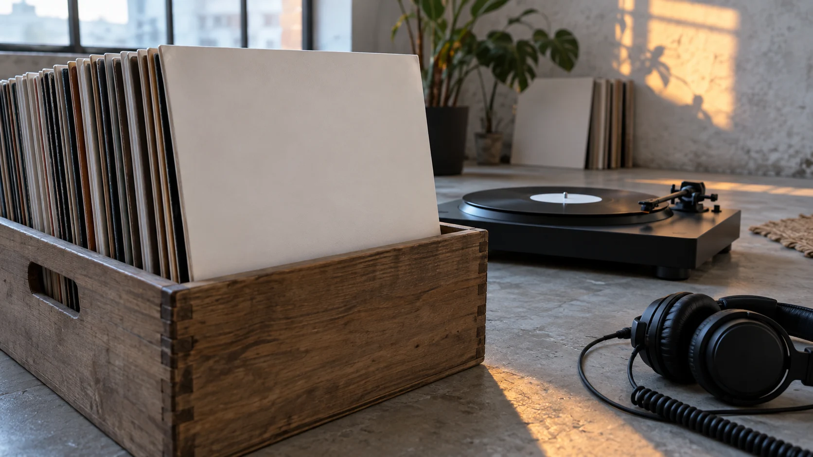 Blank vinyl sleeves stand beside a plain turntable and headphones.
