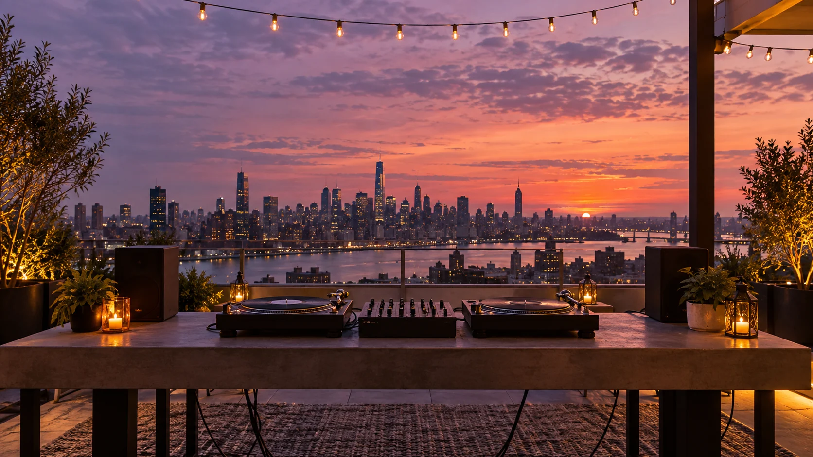 An empty rooftop DJ setup faces a city skyline at sunset.